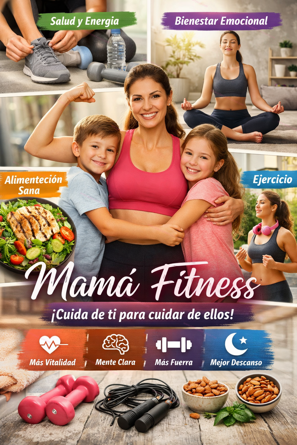 Mamá fitness sonriendo mientras hace ejercicio con sus hijos al aire libre, reflejando salud y bienestar familiar