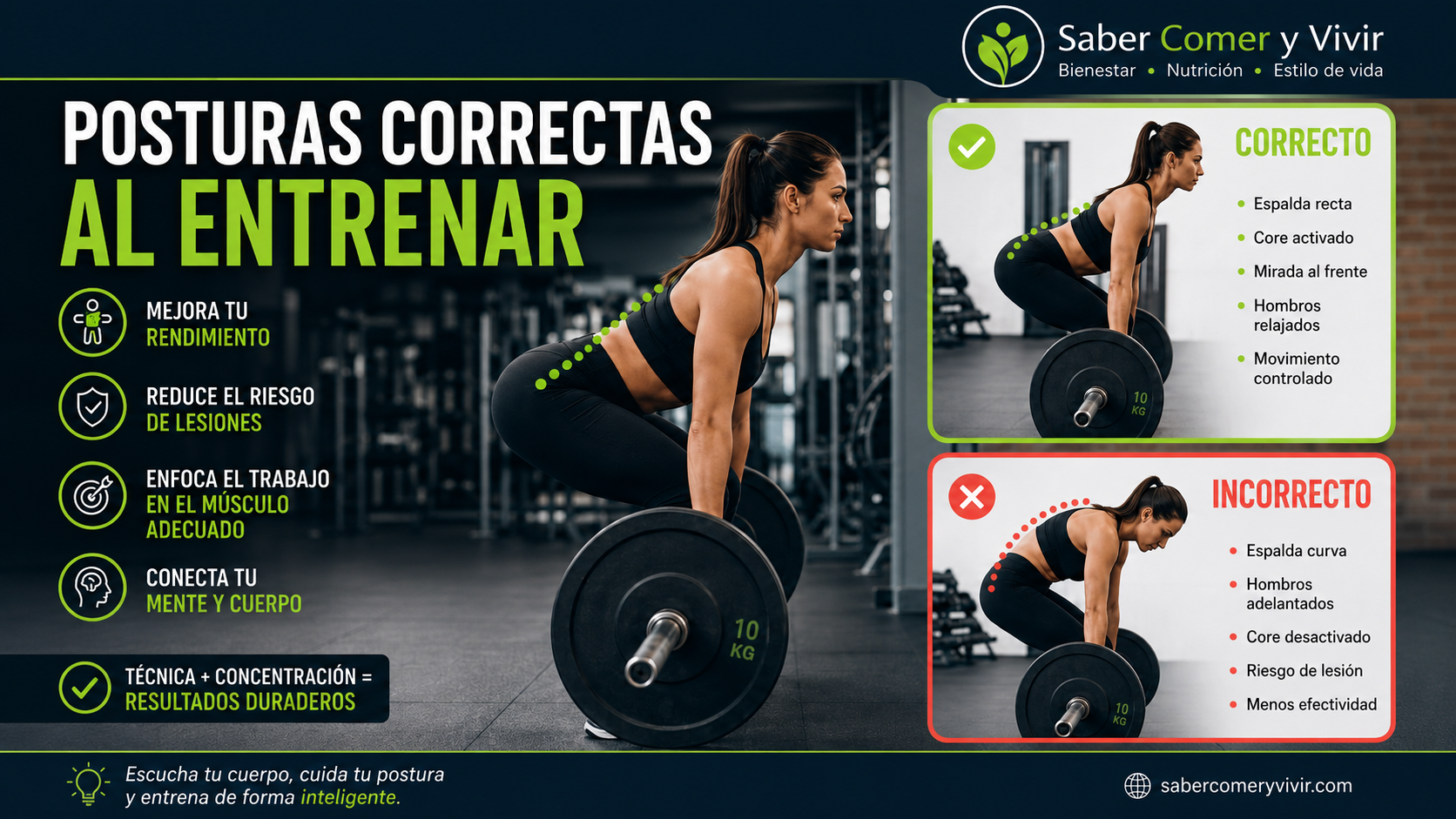 Posturas correctas e incorrectas al entrenar para mejorar el rendimiento y prevenir lesiones.